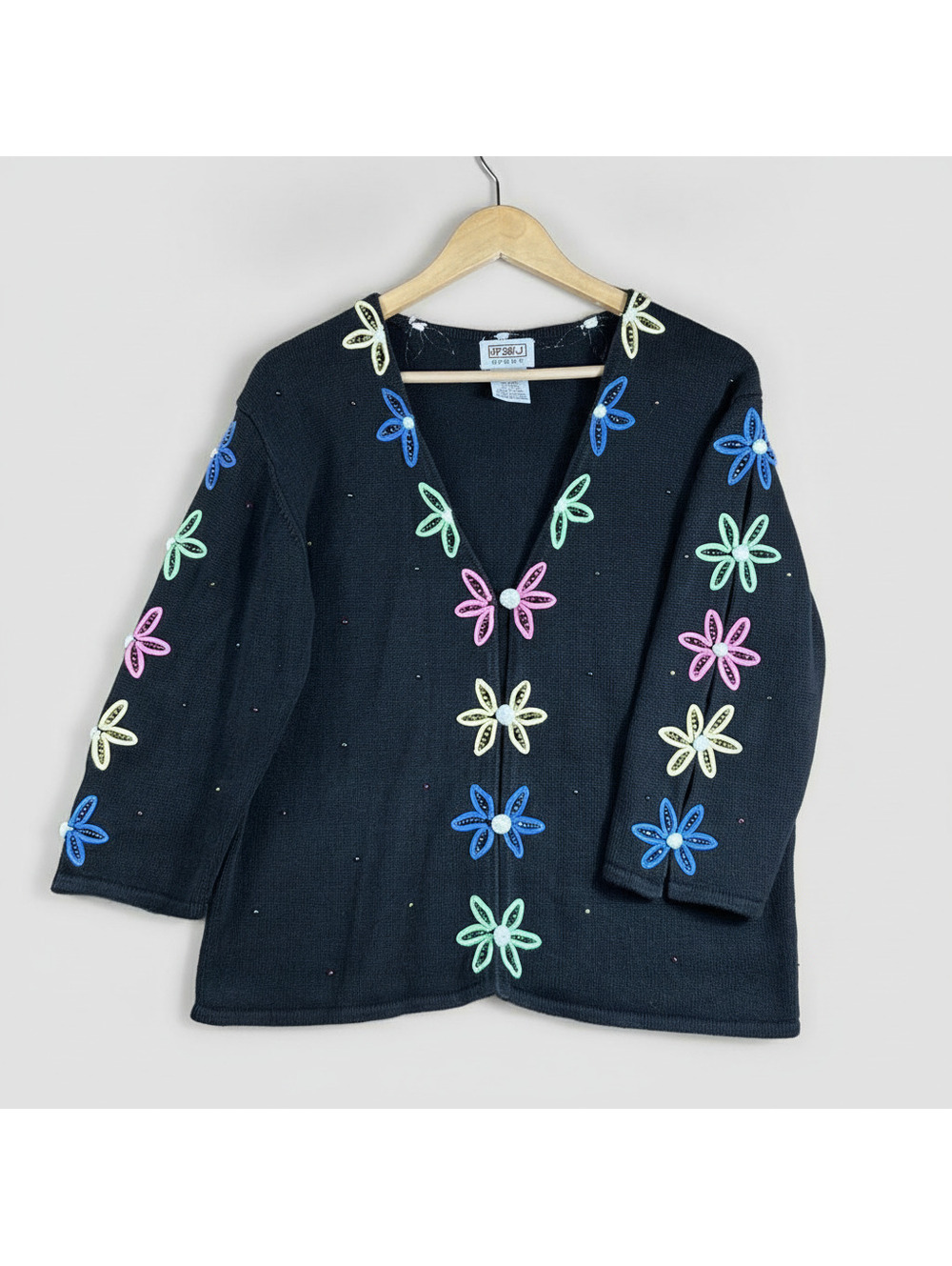 Vintage PBJ Sport Black Floral Embroidered Cardigan Sweater Knit Button Front